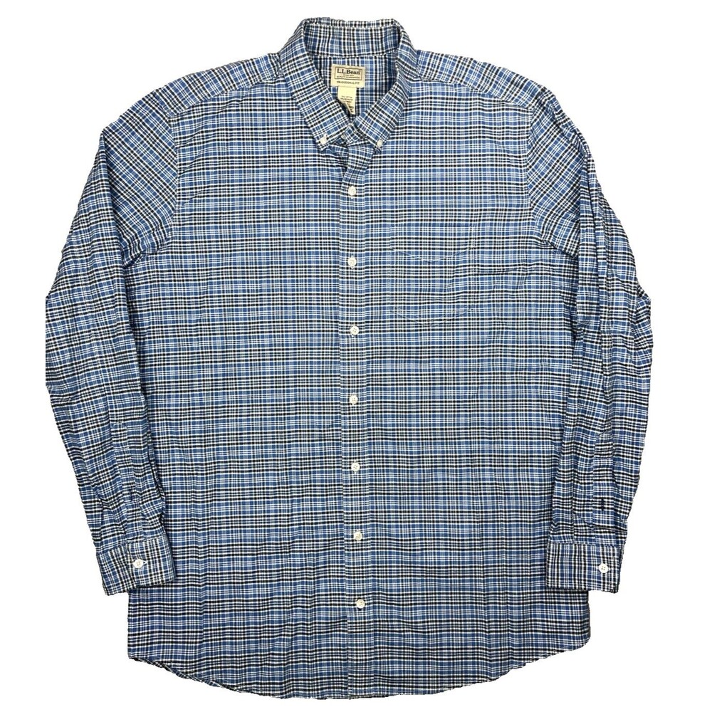 Vintage Y2K L.L. Bean Mens L LT Tall Blue Plaid Long Sleeve Button Down Shirt